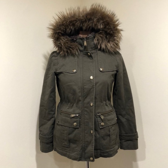 MICHAEL Michael Kors Military Jacket Size XSP XS Petite Army Green Fur Hooded - Picture 2 of 11